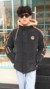 mens imported black fur cap puffer jacket
